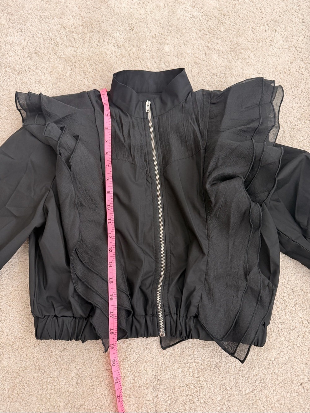 Black Ruffle Zip-Front Women's Jacket - Picture 3 of 6